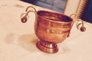 vintage handled copper bowl with pedestal