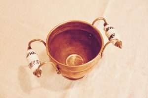 vintage copper bowl with two porcelain handles