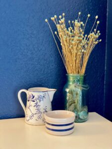 vintage blue stoneware with faux greens