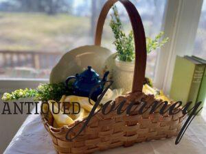 a decorative basket with vintage blue and yellow decor for Spring