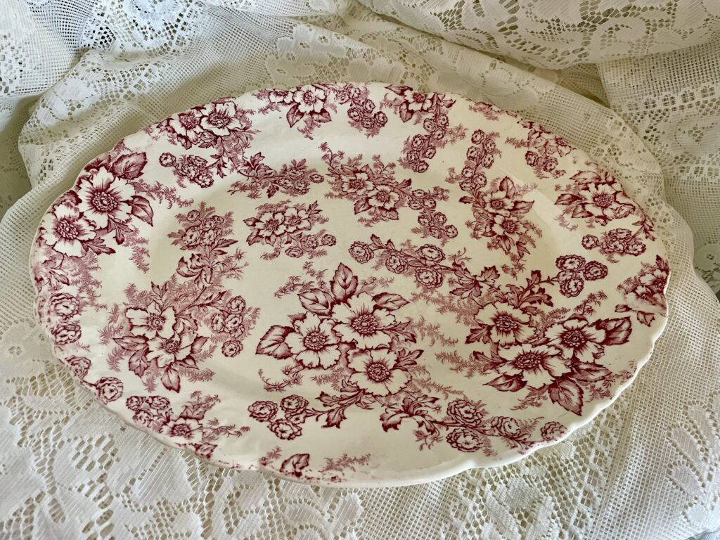 red floral transferware platter