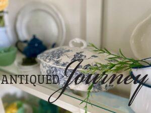 a vintage blue and white transferware tureen in a hutch