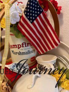 a red, white, and blue display with vintage decor