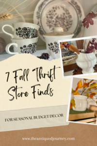 fall thrift store finds including vintage cups, plates, an ironstone pitcher, and milk glass.