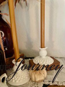 milk glass candle sticks for a fall mantel