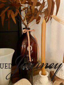 vintage amber bottle used on a fall mantel display