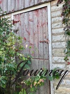 an old wooden barn door in the country with vines and plants