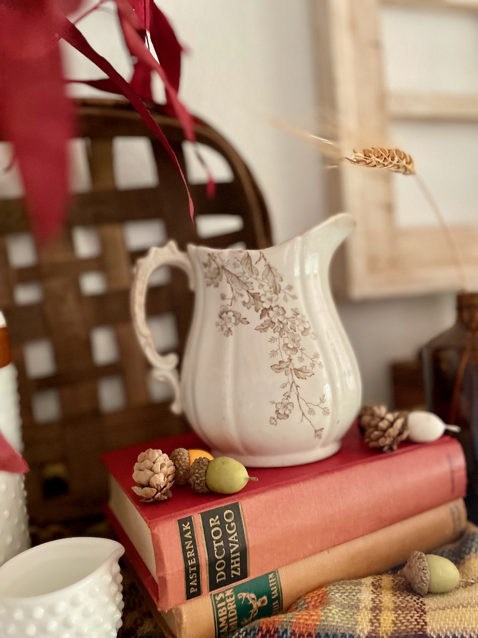 fall shelf styling with vintage decor