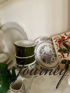 two vintage HALL custard cups used in a Christmas display