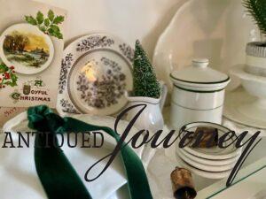 sustainable and vintage Christmas decor styled on a hutch 