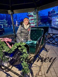 an antique sleigh with green velvet seats