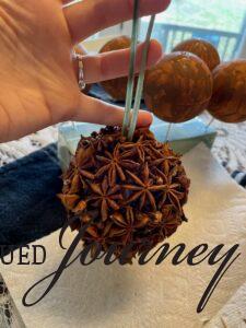 a finished star anise and clove Christmas ornament DIY to hang on a Christmas tree