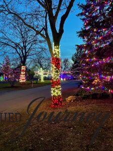 the drive of a winery lit up with Christmas lights