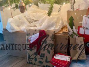 vintage lace tablecloth used as a tree skirt for cottage and cozy Christmas decor