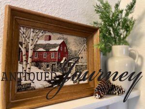 vintage winter decor in a small entry space