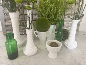 st. Patrick's day decor with vintage milk glass