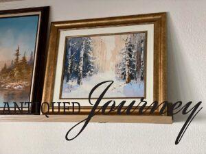 framed winter paint by number scene in a gold frame