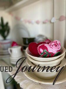 vintage ironstone bowls and pink hearts for valentine decor