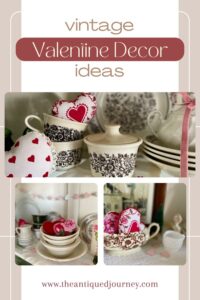 vintage Valentines day decor displayed in a hutch