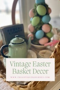 vintage and thrifted decor used to style a basket for Easter decor