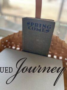 vintage books used in a basket decor for Easter