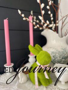 vintage milk glass and moss bunnies used for mantel decor ideas for fireplace