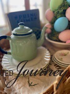 vintage decor used in a basket display for Easter