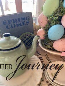 a vintage flower frog used for Easter basket decor ideas