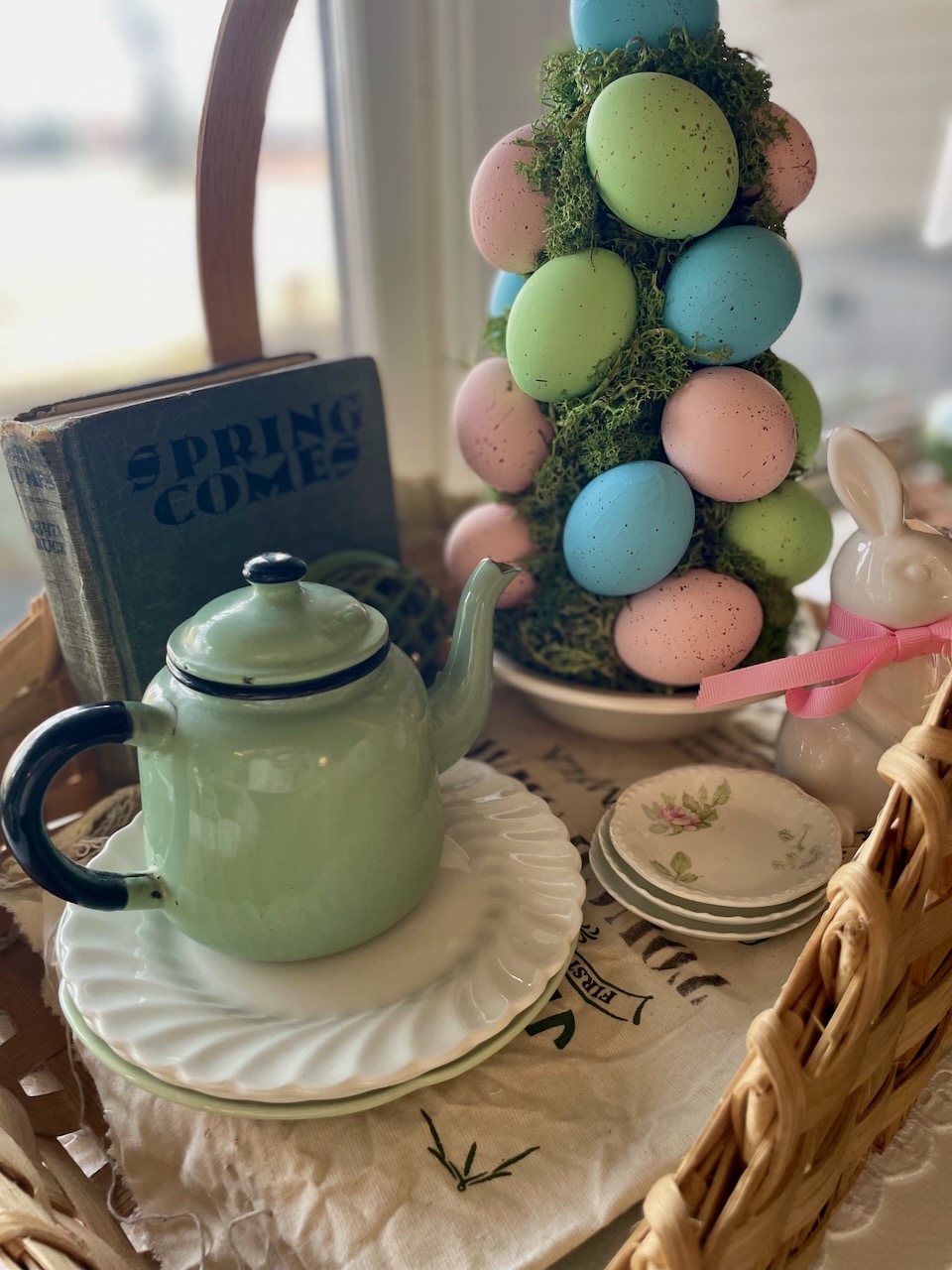 a vintage Easter vignette with a thrifted basket