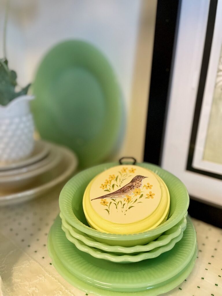 thrifted vintage jadeite styled for Easter decor