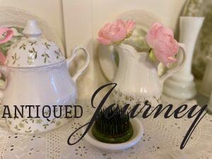 vintage cream and sugar set for seasonal shelf decor