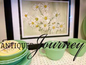 vintage jadeite styled in a hutch for spring shelf decor