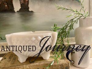 thrifted milk glass bowl styled for summer