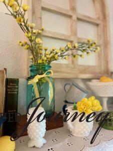 living room shelf decor with lemon themed accents for summer decor ideas
