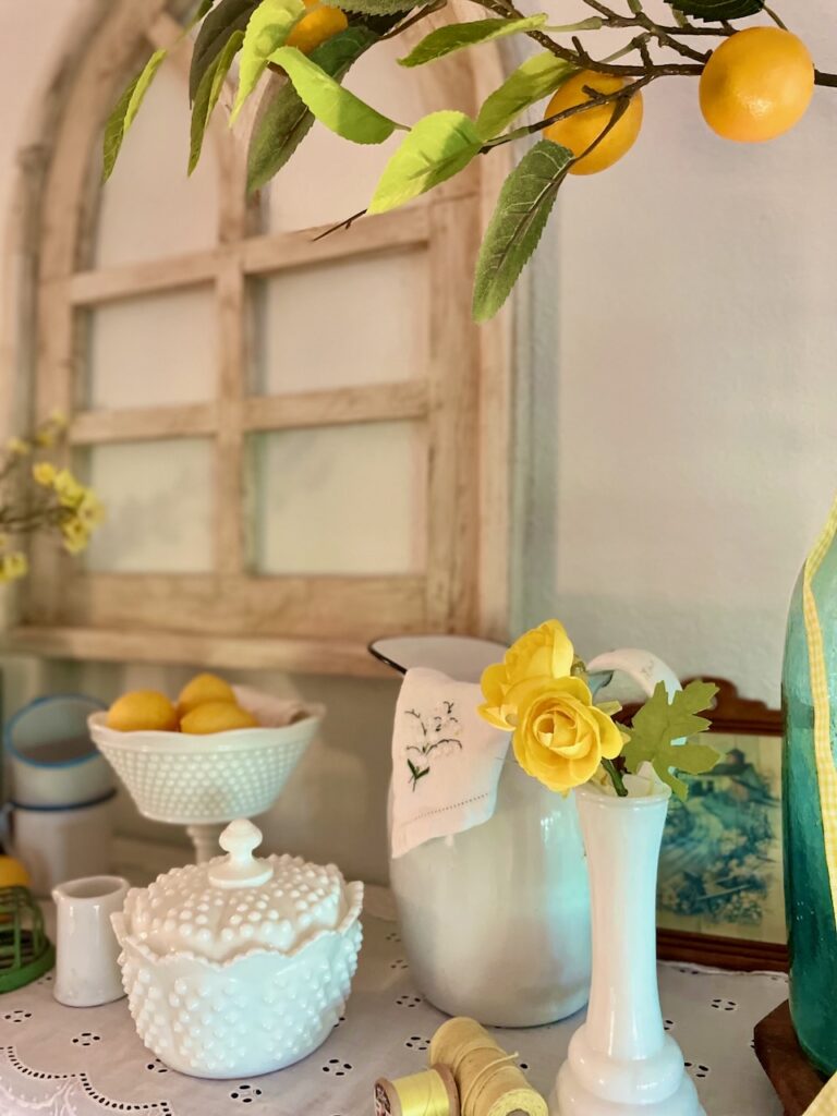 living room shelf decor for summer with lemons