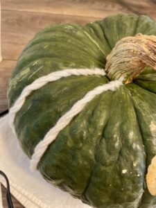two yarn strands glued to green pumpkin decor