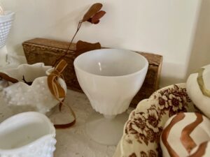 fall decor with vintage finds in a hutch