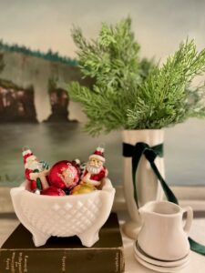 Shiny Brite balls in milk glass bowl for Christmas decor
