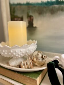 vintage shiny Brite Christmas ornaments on a tray for Christmas decor