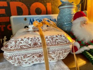 a vintage brown transferware tureen found at a thrift store