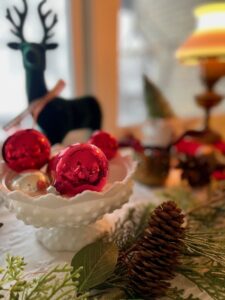 milk glass decor and vintage ornaments for Christmas decor