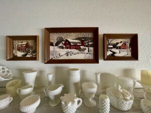 a vintage milk glass collection used for a snowy winter decorating scene