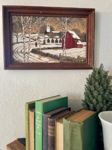 vintage art used for winter decorating using what you have