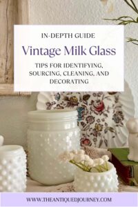 vintage hobnail milk glass with faux spring flowers styled on a shelf