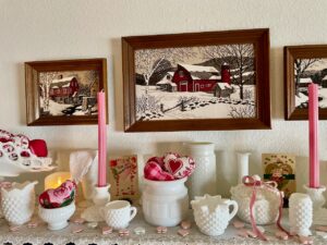 milk glass dishes displayed for Valentine's day