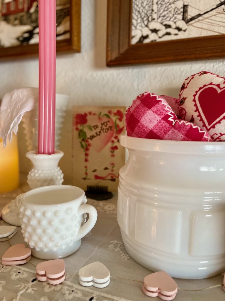 Valentine's Day decor with milk glass