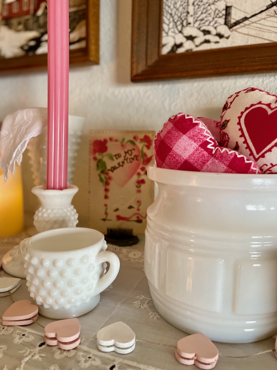 Valentine's Day decor with milk glass