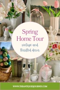 Thrifted spring home tour featuring vintage decor ideas with ironstone, milk glass, and transferware on a budget.