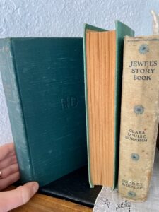 antique blue-green colored book for spring mantel decor styling