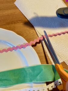 trimming ribbon ends from DIY ironstone easter eggs